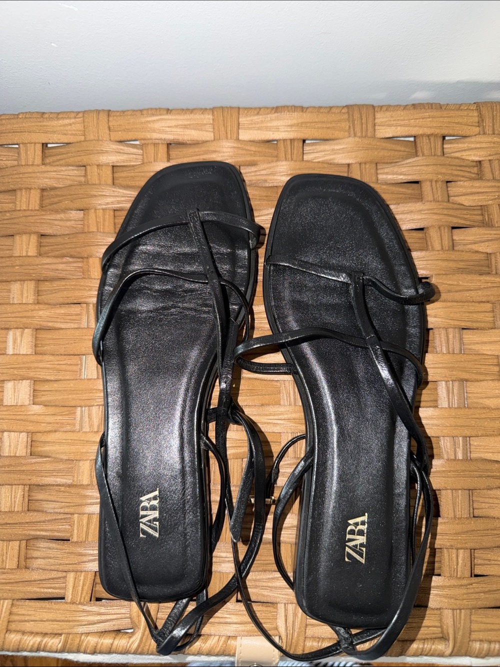 Zara Black Minimalist Strappy Sandals with Wrap Ties